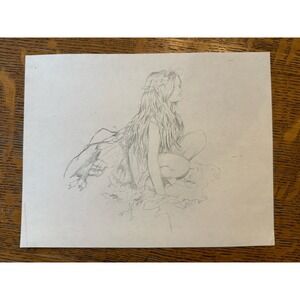 Vintage 1970s Original Pencil‎ Drawing Fairy Girl Outsider Art 6"x8.5" Fairycore